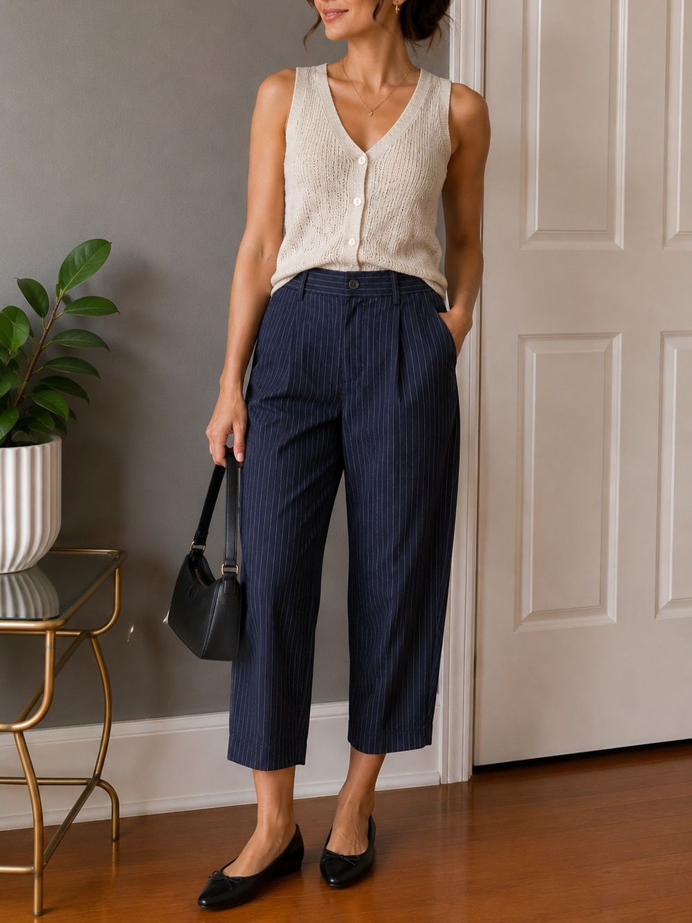 Muji Women Navy Pinstripe Dress Pants